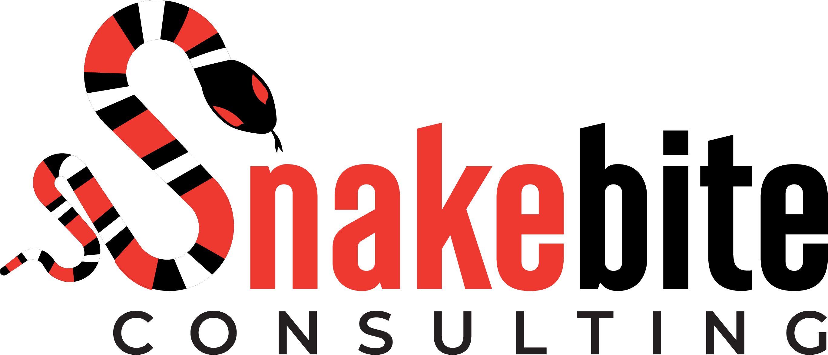 Snakebite Consulting logo with red, black, and white striped snake in the shape of an s, and red and black font